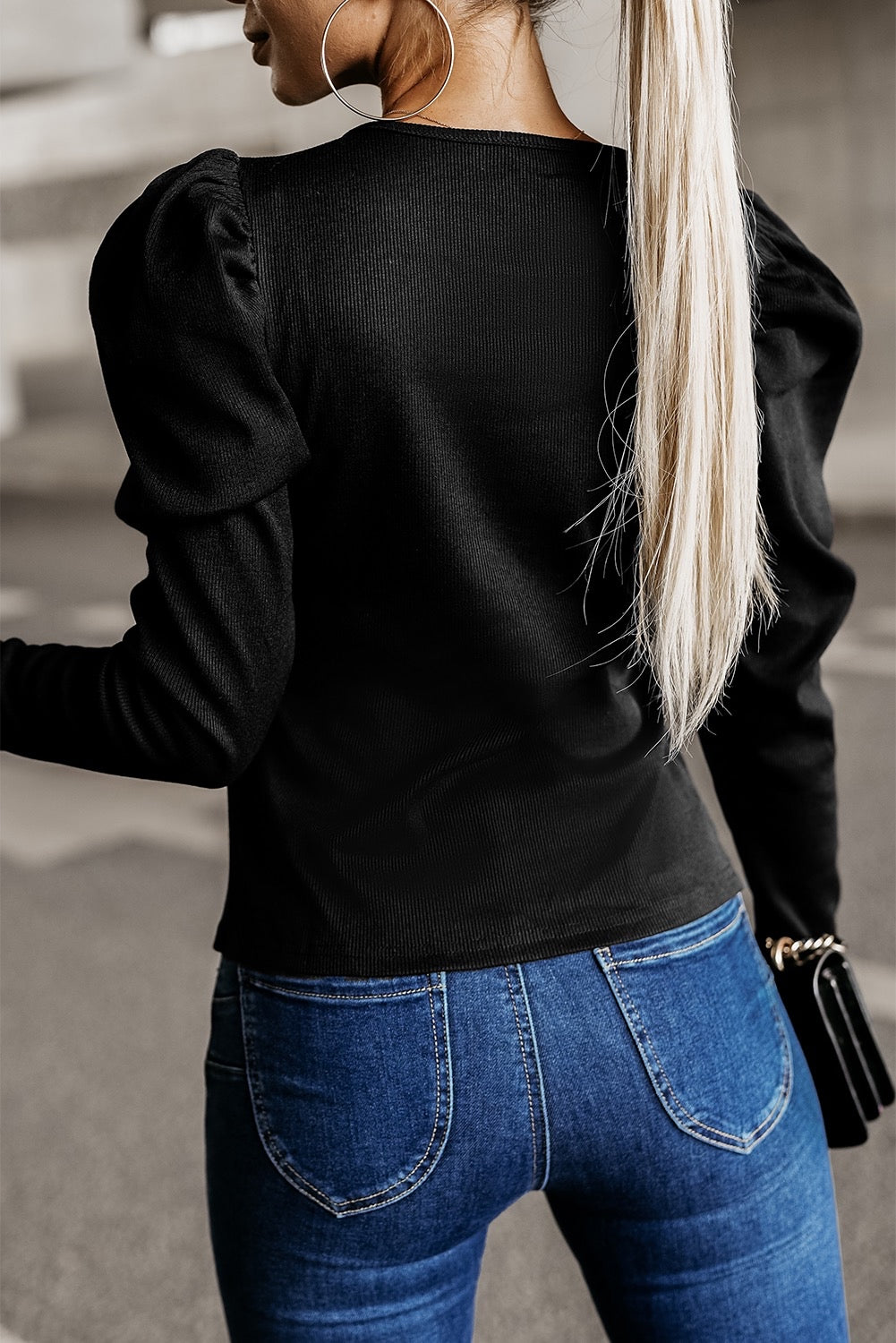 Black Puff Sleeve Ribbed Knit Top