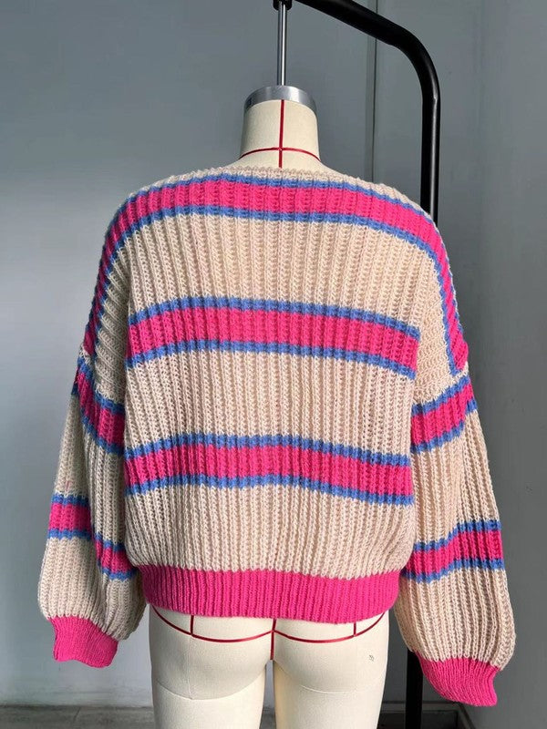 Striped ribbed knit button front cardigan