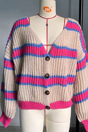 Striped ribbed knit button front cardigan