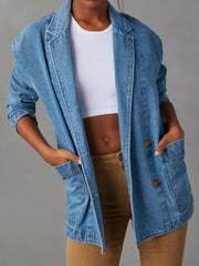 Pocketed Lapel Collar Long Sleeve Denim Jacket