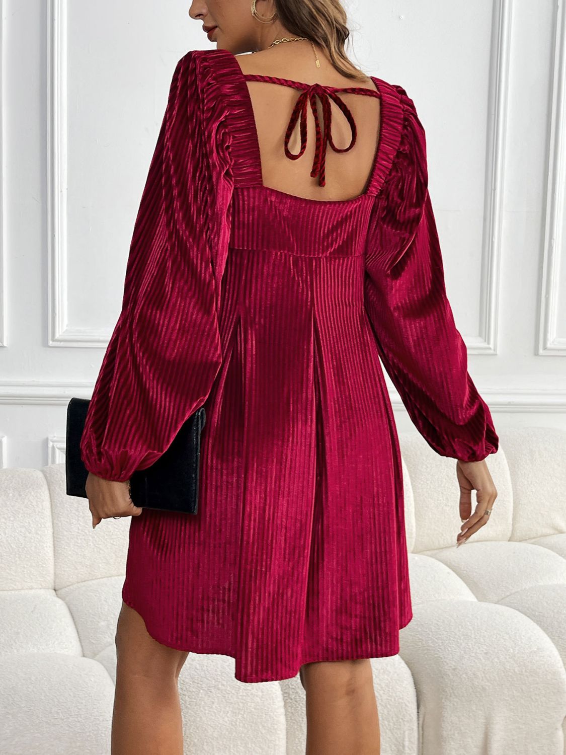 Perfee Tied Pocketed Square Neck Long Sleeve Dress