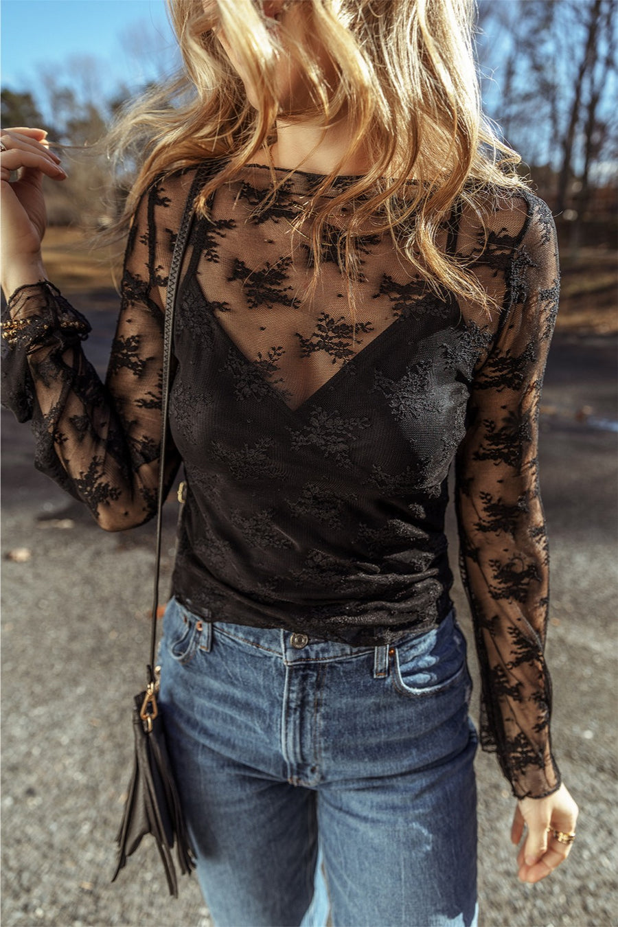 Lace Round Neck Long Sleeve Blouse