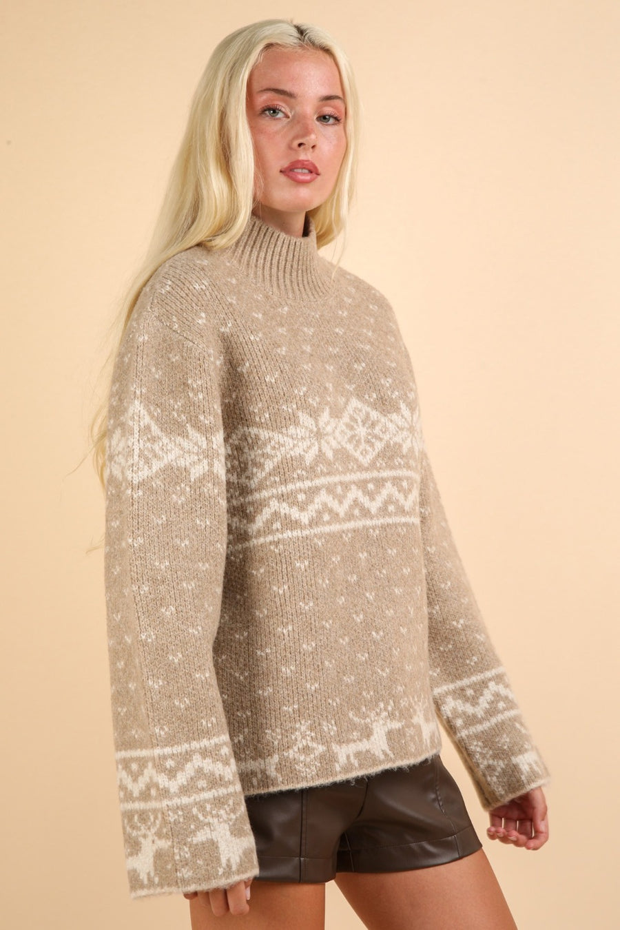 VERY J Christmas Element Mock Neck Long Sleeve Sweater