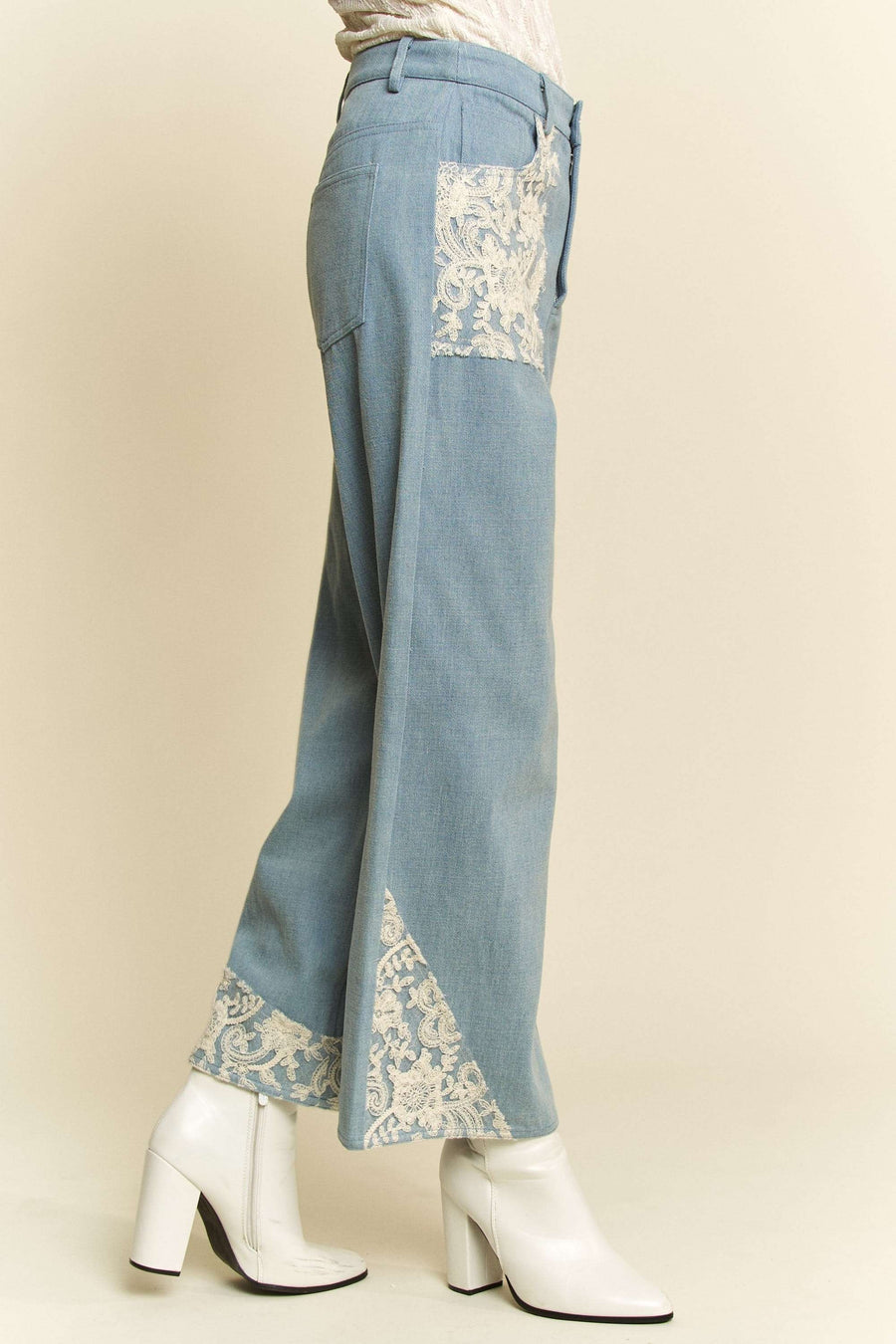 Davi & Dani Lace Applique Wide Leg Jeans