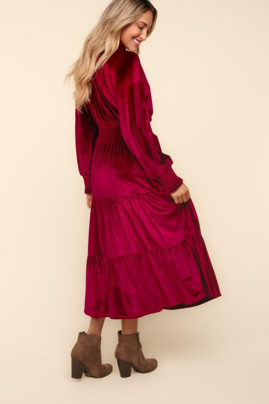 Haptics Mock Neck Smocked Waist Velvet Tiered Dress