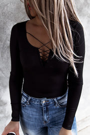 Black Ribbed Lace Up Top