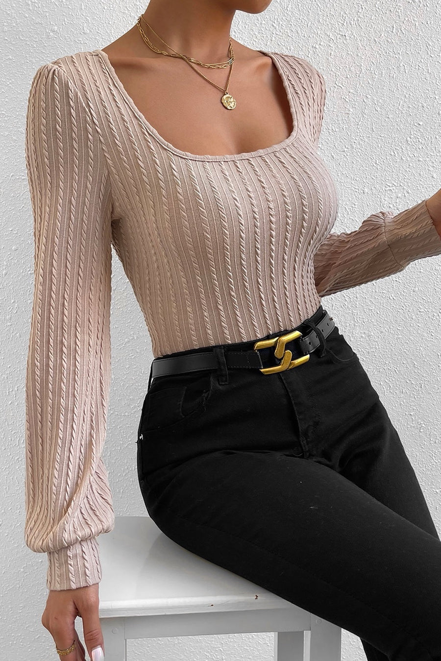 Khaki Square Neck Bubble Sleeve Top