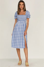 Full Size Slit Plaid Short Sleeve Midi Dress