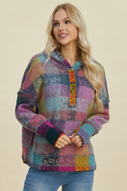 Double Take Full Size Plaid Dropped Shoulder Hoodie