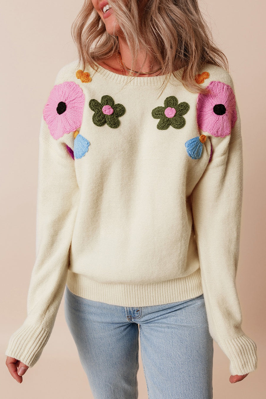 Crochet Flower Round Neck Dropped Shoulder Sweater